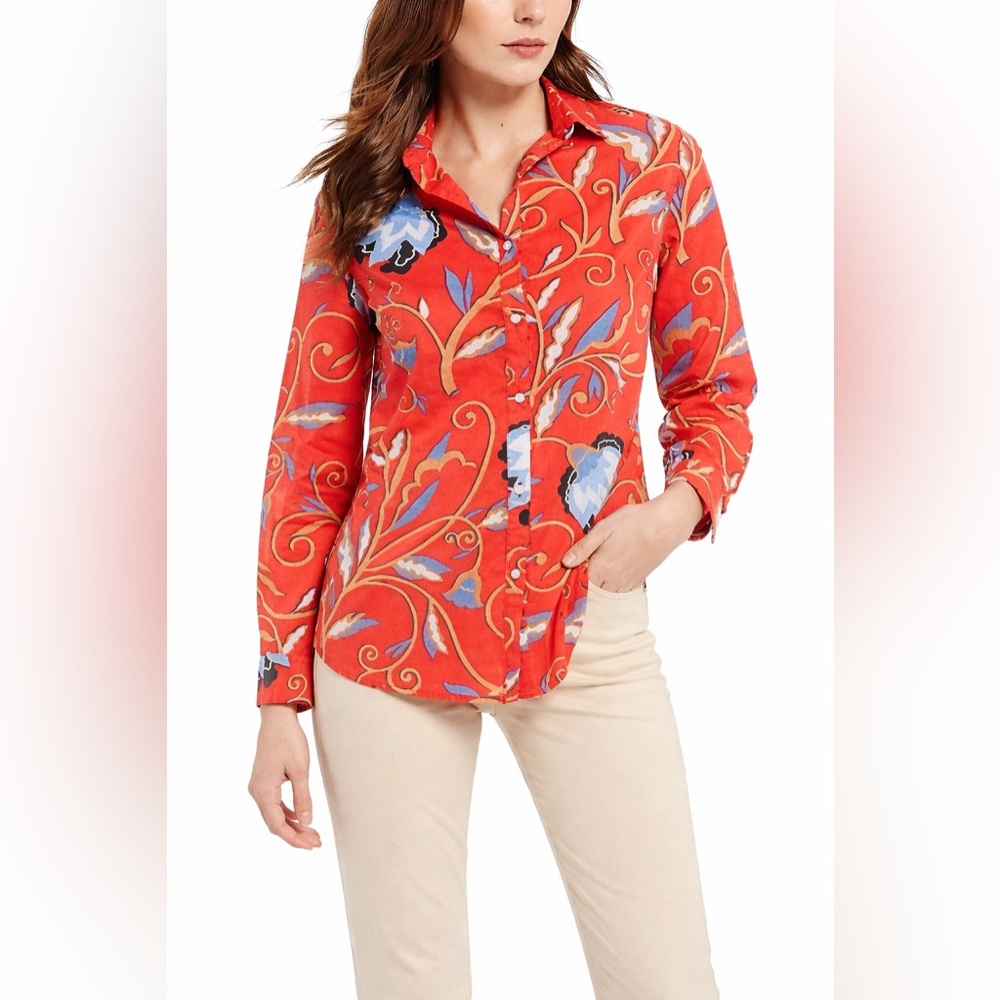 J. McLaughlin Lois Red Floral Cotton‎ Button Down Shirt Size L